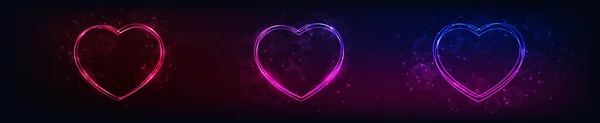 Sada Tří Neonových Rámečků Tvaru Srdce Zářícími Efekty Jiskřícími Tmavém — Stockový vektor
