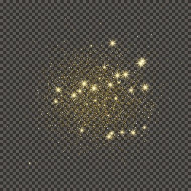 Gold glittering dust on a gray transparent background. Dust with gold glitter effect and empty space for your text.  Vector illustration