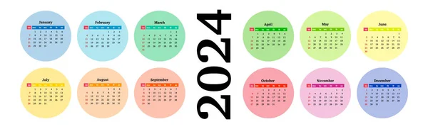 Calendario Horizontal Para 2024 Aislado Sobre Fondo Blanco Domingo Lunes — Vector de stock