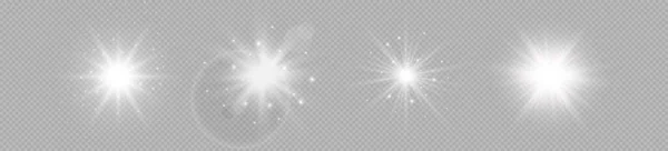 Light Effect Lens Flares Set Four White Glowing Lights Starburst — Stok Vektör