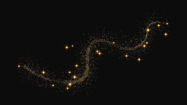 Gold glittering confetti wave and stardust. Golden magical sparkles on dark background. Vector illustration clipart