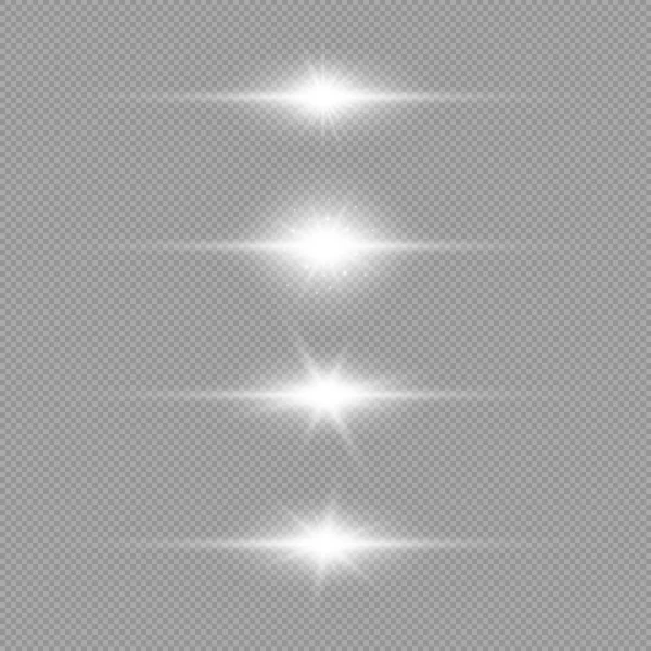 stock vector Light effect of lens flares. Set of four white horizontal glowing light starburst effects with sparkles on a grey transparent background. Vector illustration