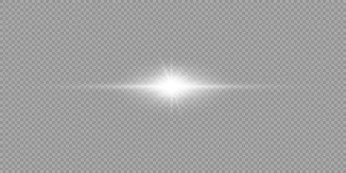 Light effect of lens flares. White horizontal glowing light starburst effect with sparkles on a grey transparent background. Vector illustration clipart