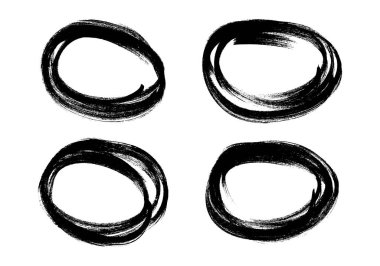 Siyah kalemle çizilmiş daire. Dört karalama stili çeşitli karalama çemberleri. Siyah el, beyaz arkaplanda tasarım elementleri çizdi. Vektör illüstrasyonu