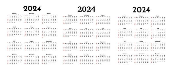 Set Three Calendars 2024 Isolated White Background Sunday Monday Business — Archivo Imágenes Vectoriales