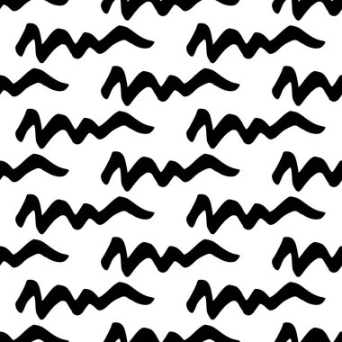 Seamless pattern with black wavy grunge brush strokes in abstract shapes on white background. Vector illustration