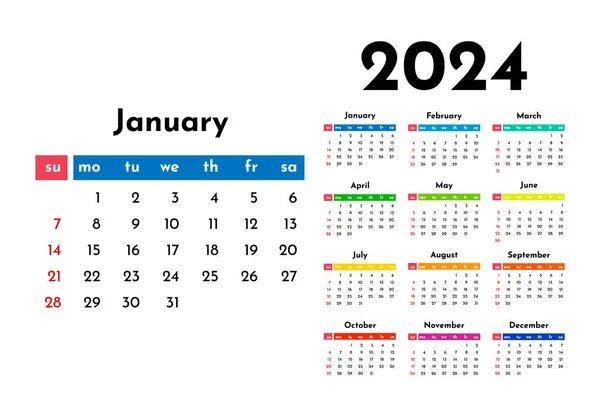 Kalender 2024 Geïsoleerd Een Witte Achtergrond Zondag Tot Maandag Business — Stockvector