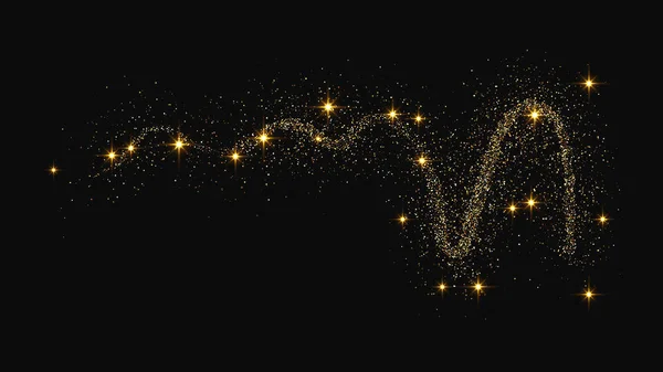 Gold Glittering Confetti Wave Stardust Golden Magical Sparkles Dark Background — Stock Vector