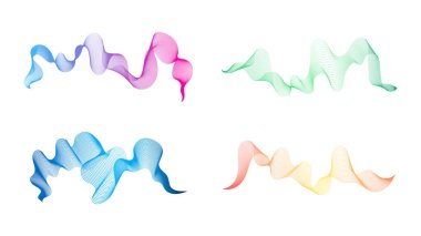 Dalgalı kavisli çizgiler. Beyaz zemin üzerinde dört soyut renkli dalga çizgisi seti. Vektör illüstrasyonu