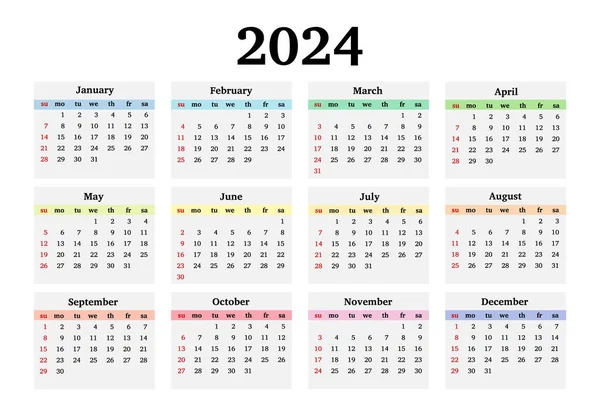 Kalendarz Rok 2024 Izolowany Białym Tle Niedzieli Poniedziałku Szablon Biznesowy — Wektor stockowy