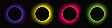 Circle illuminate frame with gradient. Set of four round neon banners isolated on black background. Vector illustration