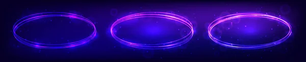 暗い背景に輝く効果と輝きを持つ3つのネオン楕円形のフレームのセット 空の光るテクノの背景 ベクターイラスト — ストックベクタ