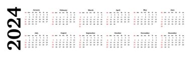 Horizontal calendar for 2024 isolated on a white background. Sunday to Monday, business template. Vector illustration