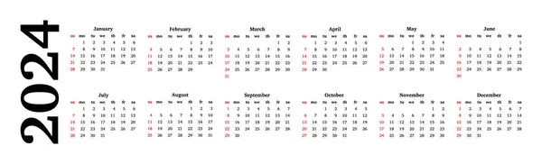 Horizontal Calendar 2024 Isolated White Background Sunday Monday Business Template — Vettoriale Stock