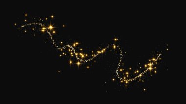 Altın parıldayan konfeti dalgası ve yıldız tozu. Koyu arkaplanda altın sihirli parıltılar. Vektör illüstrasyonu