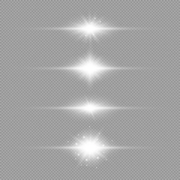 レンズフレアの光効果 4つの白い水平輝く光のバースト効果のセットは 灰色の透明な背景に輝きます ベクターイラスト — ストックベクタ