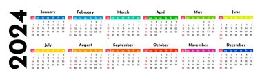 Horizontal calendar for 2024 isolated on a white background. Sunday to Monday, business template. Vector illustration
