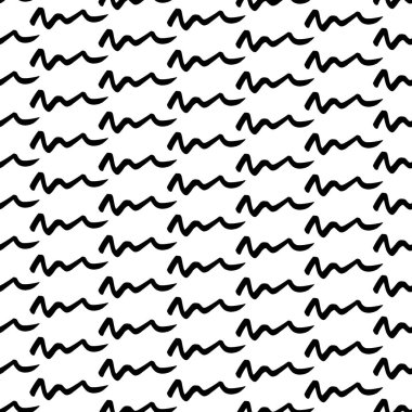 Seamless pattern with black wavy grunge brush strokes in abstract shapes on white background. Vector illustration