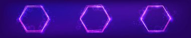 Set of three neon hexagon frames with shining effects and sparkles on dark background. Empty glowing techno backdrop. Vector illustration