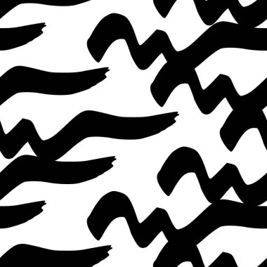 Seamless pattern with black wavy grunge brush strokes in abstract shapes on white background. Vector illustration