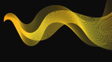 Karanlık arka planda lüks altın dalgaları olan soyut bir fon. Modern teknoloji arka planı, dalga tasarımı. Vektör illüstrasyonu