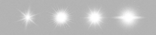 Lichteffekt Von Linsenraketen Set Von Vier Weißen Leuchtenden Lichtern Starburst — Stockvektor