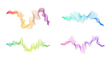 Dalgalı kavisli çizgiler. Beyaz zemin üzerinde dört soyut renkli dalga çizgisi seti. Vektör illüstrasyonu