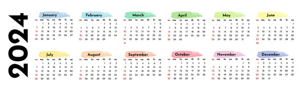 Horizontal Calendar 2024 Isolated White Background Sunday Monday Business Template — ストックベクタ