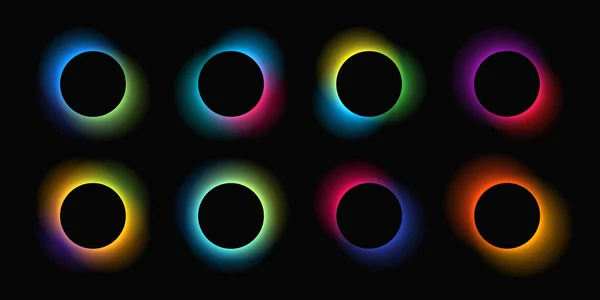 Circle Illuminate Frame Gradient Set Eight Neon Banners Isolated Black — Stock Vector