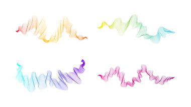Dalgalı kavisli çizgiler. Beyaz zemin üzerinde dört soyut renkli dalga çizgisi seti. Vektör illüstrasyonu
