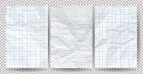 Uppsättning Vita Rena Skrynkliga Papper Transparent Bakgrund Krympt Tomma Anteckningsblock — Stock vektor