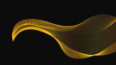 Karanlık arka planda lüks altın dalgaları olan soyut bir fon. Modern teknoloji arka planı, dalga tasarımı. Vektör illüstrasyonu