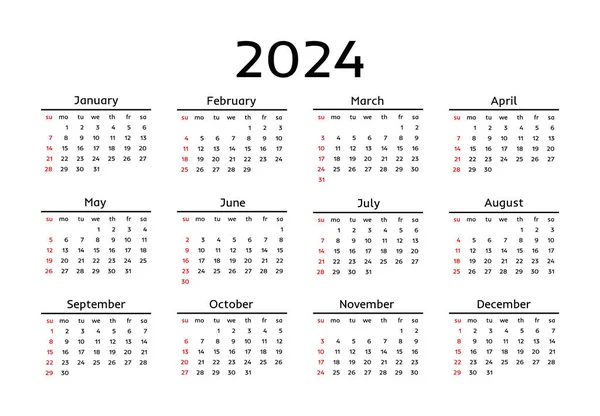 Calendar 2024 Isolated White Background Sunday Monday Business Template Vector — Image vectorielle