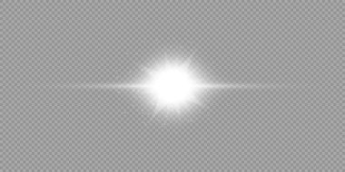 Lens fişeklerinin ışık etkisi. Gri şeffaf arkaplanda parıldayan beyaz yatay ışık patlaması efekti. Vektör illüstrasyonu