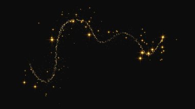 Altın parıldayan konfeti dalgası ve yıldız tozu. Koyu arkaplanda altın sihirli parıltılar. Vektör illüstrasyonu