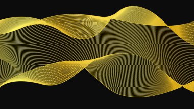 Karanlık arka planda lüks altın dalgaları olan soyut bir fon. Modern teknoloji arka planı, dalga tasarımı. Vektör illüstrasyonu