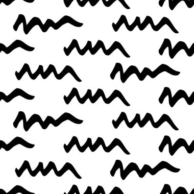 Seamless pattern with black wavy grunge brush strokes in abstract shapes on white background. Vector illustration