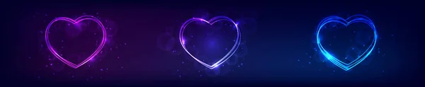 Kalp Şeklinde Neon Çerçeve Seti Parlak Efektler Koyu Arkaplanda Parıltılar — Stok Vektör