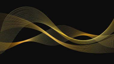Karanlık arka planda lüks altın dalgaları olan soyut bir fon. Modern teknoloji arka planı, dalga tasarımı. Vektör illüstrasyonu