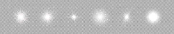 镜头照明弹的光效 一组六盏白色发光的灯在灰色透明的背景上闪烁着星星光效果 矢量说明 — 图库矢量图片