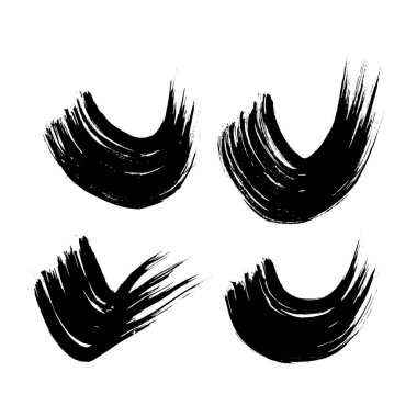Black grunge semicircular brush strokes. Set of painted wavy ink stripes. Ink spot isolated on white background. Vector illustration