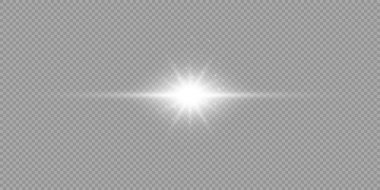 Lens fişeklerinin ışık etkisi. Gri şeffaf arkaplanda parıldayan beyaz yatay ışık patlaması efekti. Vektör illüstrasyonu
