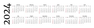 Horizontal calendar for 2024 isolated on a white background. Sunday to Monday, business template. Vector illustration