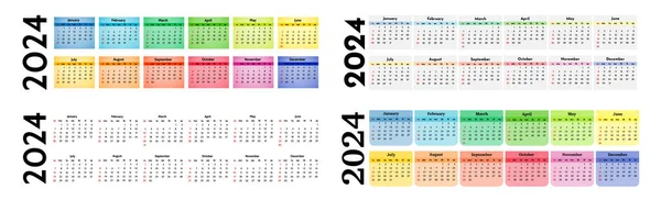 白い背景に隔離された2024のための4つの水平カレンダーのセット 日曜日から月曜日 ビジネステンプレート ベクターイラスト — ストックベクタ