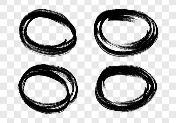 黒のマーカーで描かれた円 4つのドアスタイルの様々なスクリブル円のセット 透明感のある背景にブラックの手描きデザイン要素 ベクターイラスト — ストックベクタ