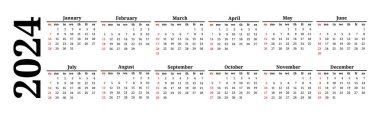 Horizontal calendar for 2024 isolated on a white background. Sunday to Monday, business template. Vector illustration