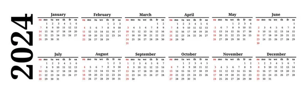 Calendario Horizontal Para 2024 Aislado Sobre Fondo Blanco Domingo Lunes — Vector de stock