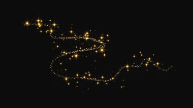 Altın parıldayan konfeti dalgası ve yıldız tozu. Koyu arkaplanda altın sihirli parıltılar. Vektör illüstrasyonu