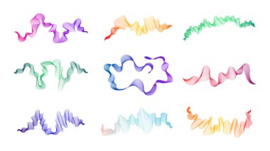 Dalgalı kavisli çizgiler. Beyaz arkaplanda soyut renkli dalga çizgileri seti. Vektör illüstrasyonu