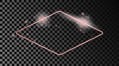 Rose gold glowing rounded rhombus shape frame isolated on dark transparent background. Shiny frame with glowing effects. Vector illustration